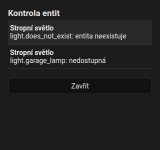 Seznam kontroly s chybějící a nedostupnou entitou