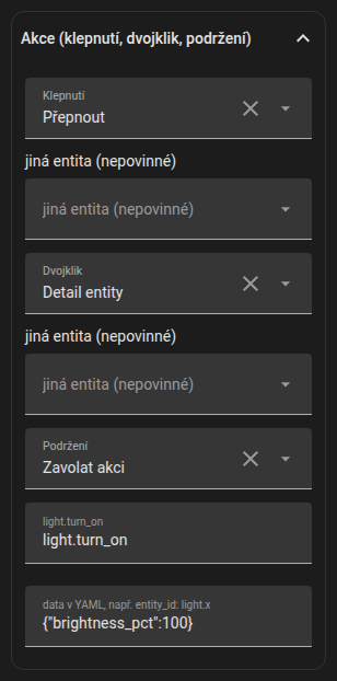 Akce klepnutí, dvojitého klepnutí a podržení ve formuláři položky