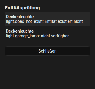 Die Prüfliste mit einer fehlenden und einer nicht verfügbaren Entität
