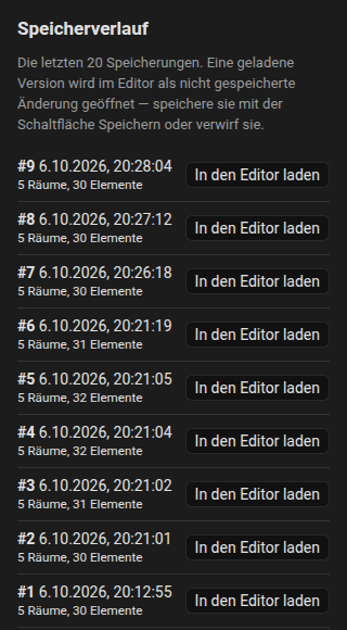 Die Verlaufsliste mit gespeicherten Revisionen