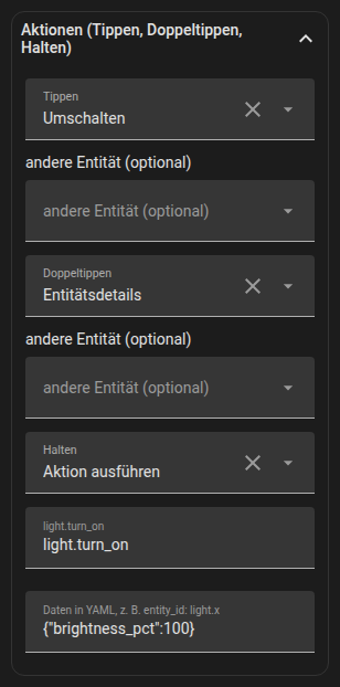 Die Aktionen für Tippen, Doppeltippen und Halten im Formular eines Elements