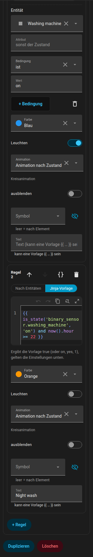 Der Abschnitt Regeln eines Geräts mit zwei Regeln, eine im Entitätsmodus und eine im Jinja-Modus