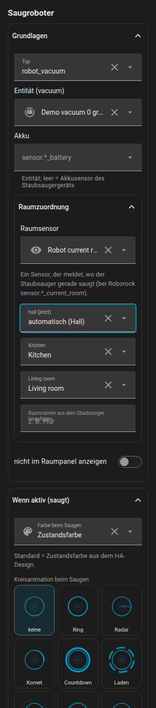 Das Formular der Saugroboter-Station mit dem Abschnitt für die Zeit, in der er saugt