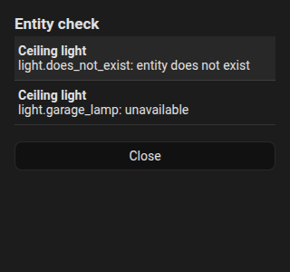 The check list with a missing entity and an unavailable one