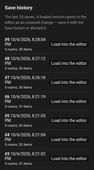The history list with saved revisions