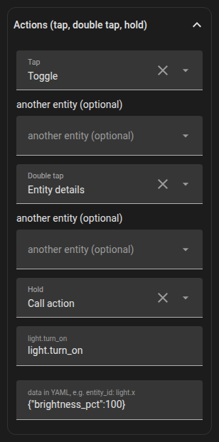 The tap, double tap and hold actions in the form of an item