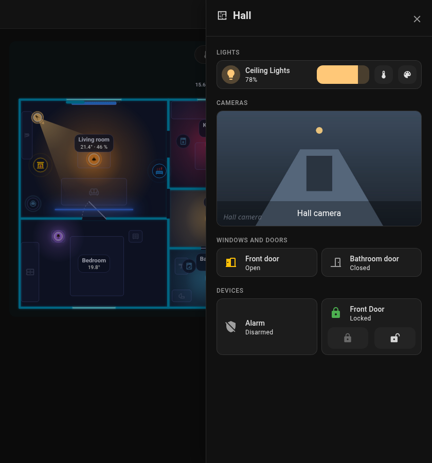 The panel of the hall: lights, a camera, doors, an alarm and a lock