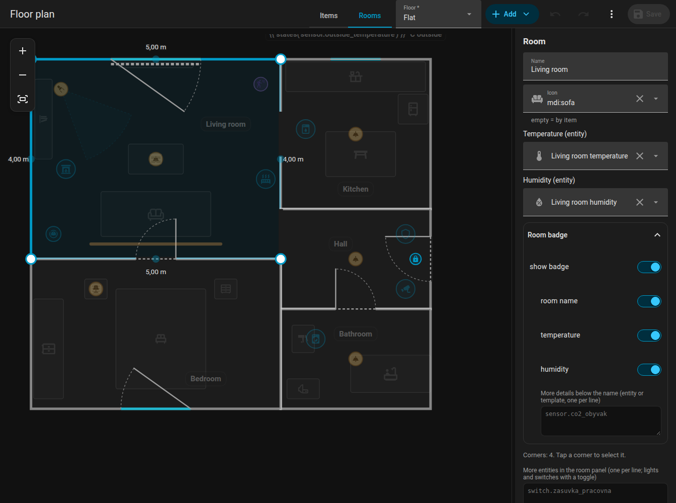 Rooms mode with one room selected, corner points and wall lengths visible