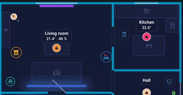 Lights turn on one after another, each room glows in the colour of its light.