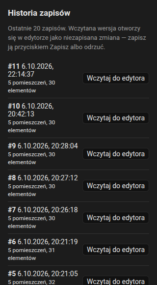 Lista historii z zapisanymi rewizjami