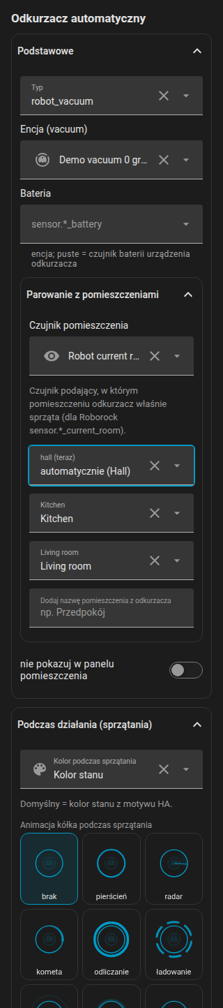 Formularz stacji dokującej odkurzacza z sekcją dla czasu sprzątania